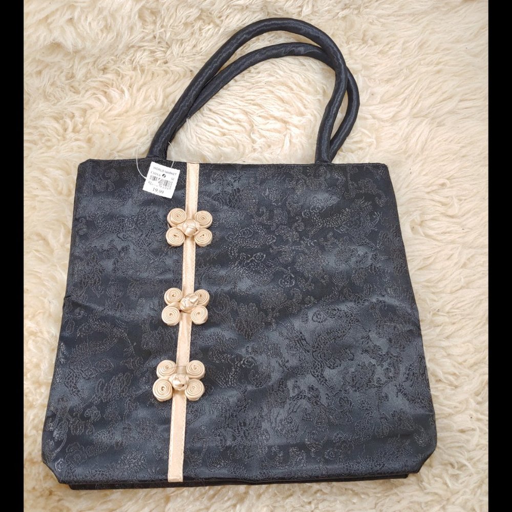 WORLD MARKET Asian Black Floral Satin, Lucky Knot